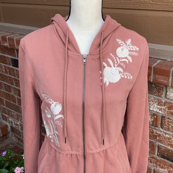 Solitaire Pink Floral Embroidered Hooded Cinched Jacket Women's Size Small - Picture 2 of 9